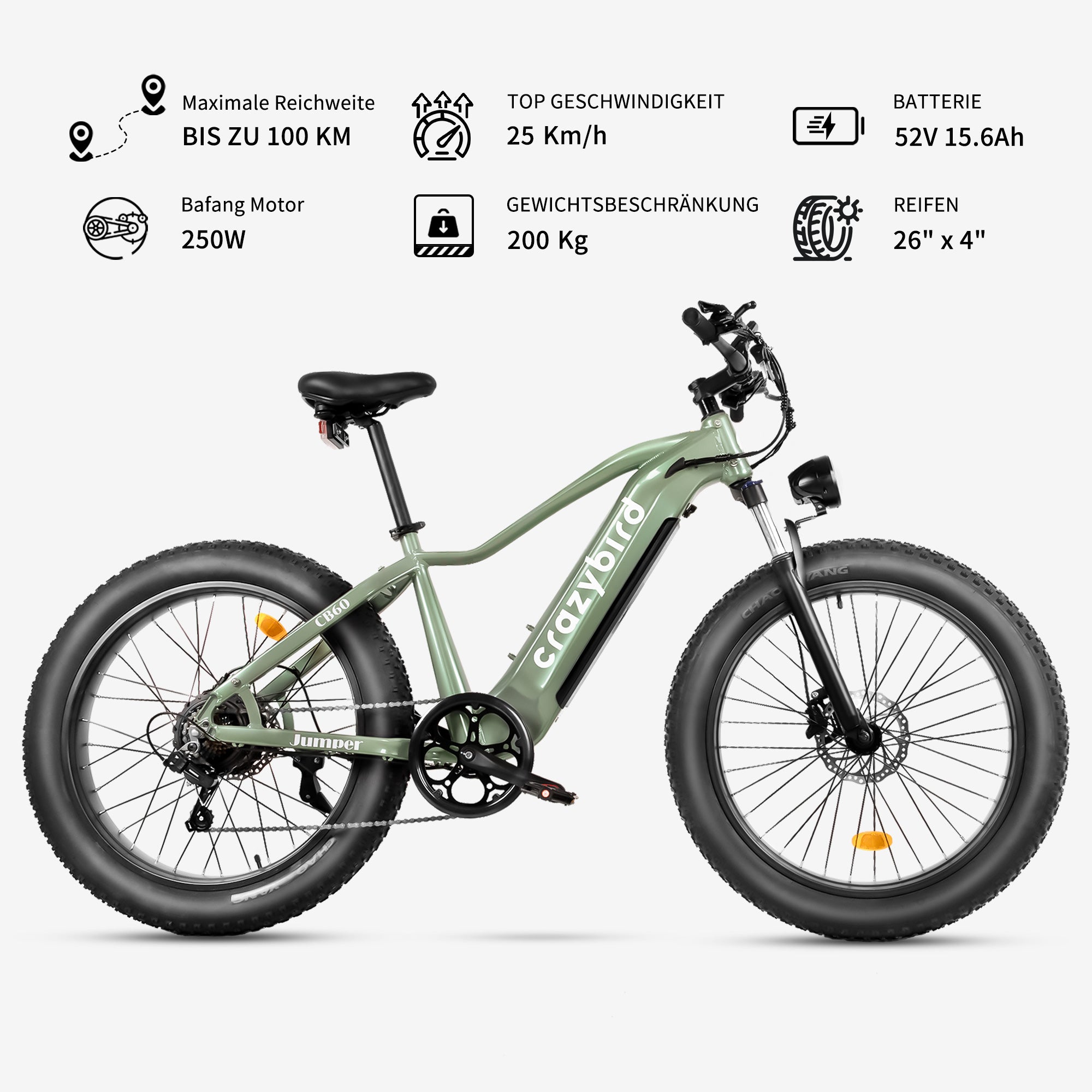 e mountainbike fatbike Crazybird-CB60 Elektrofahrrad für Erwachsene mit 750W Motor 26" x 4.0 Fat Tire 52V 20AH Abnehmbarer Akku Elektrisches Mountainbike mit vorderer Gabel-Federung bis zu 60 km/h Shimano 7-Gang